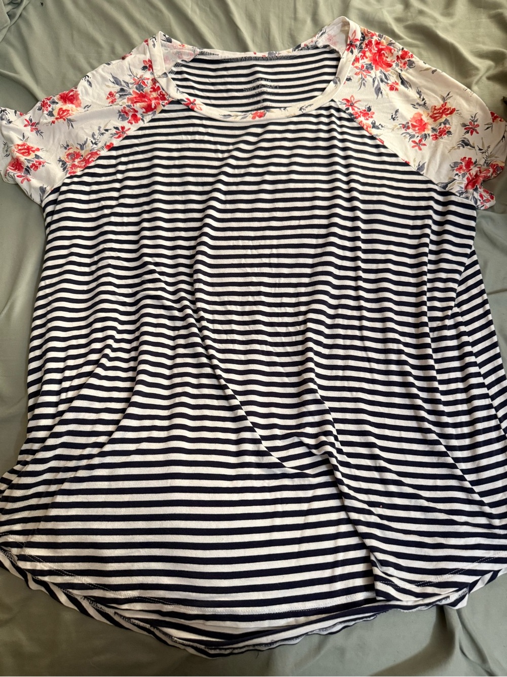 torrid Navy & White Striped Raglan Top with Floral Cream Sleeves